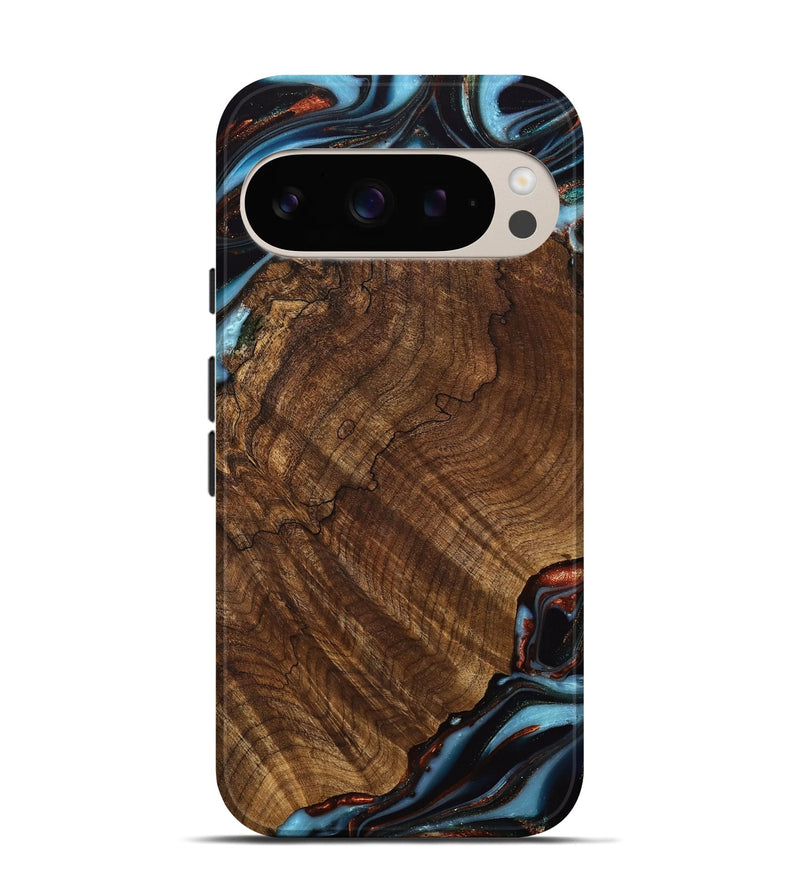 Pixel 9 Pro Wood Live Edge Phone Case - Pamelia (Teal & Gold, 741621)