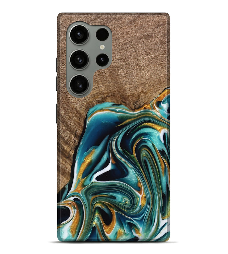 Galaxy S24 Ultra Wood Live Edge Phone Case - Ferris (Teal & Gold, 741634)