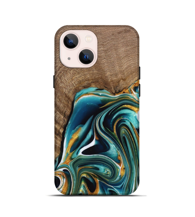 iPhone 13 mini Wood Live Edge Phone Case - Ferris (Teal & Gold, 741634)