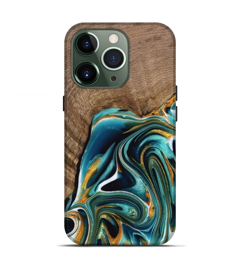 iPhone 13 Pro Wood Live Edge Phone Case - Ferris (Teal & Gold, 741634)