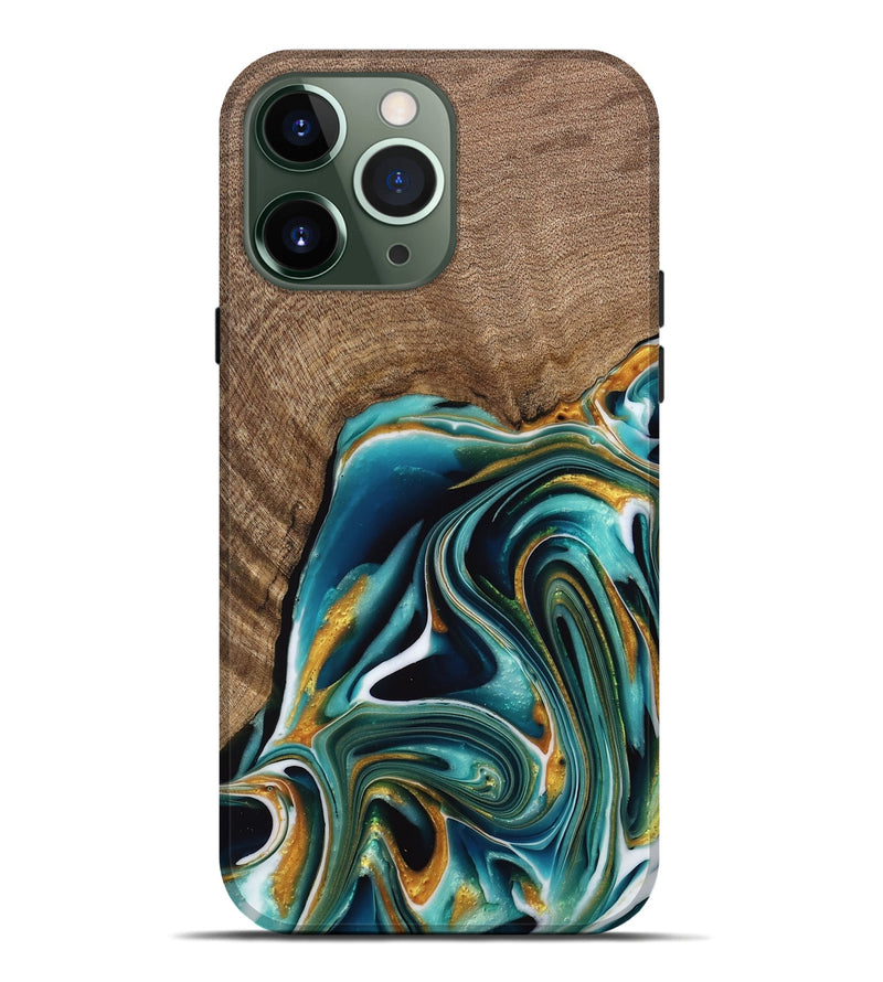 iPhone 13 Pro Max Wood Live Edge Phone Case - Ferris (Teal & Gold, 741634)