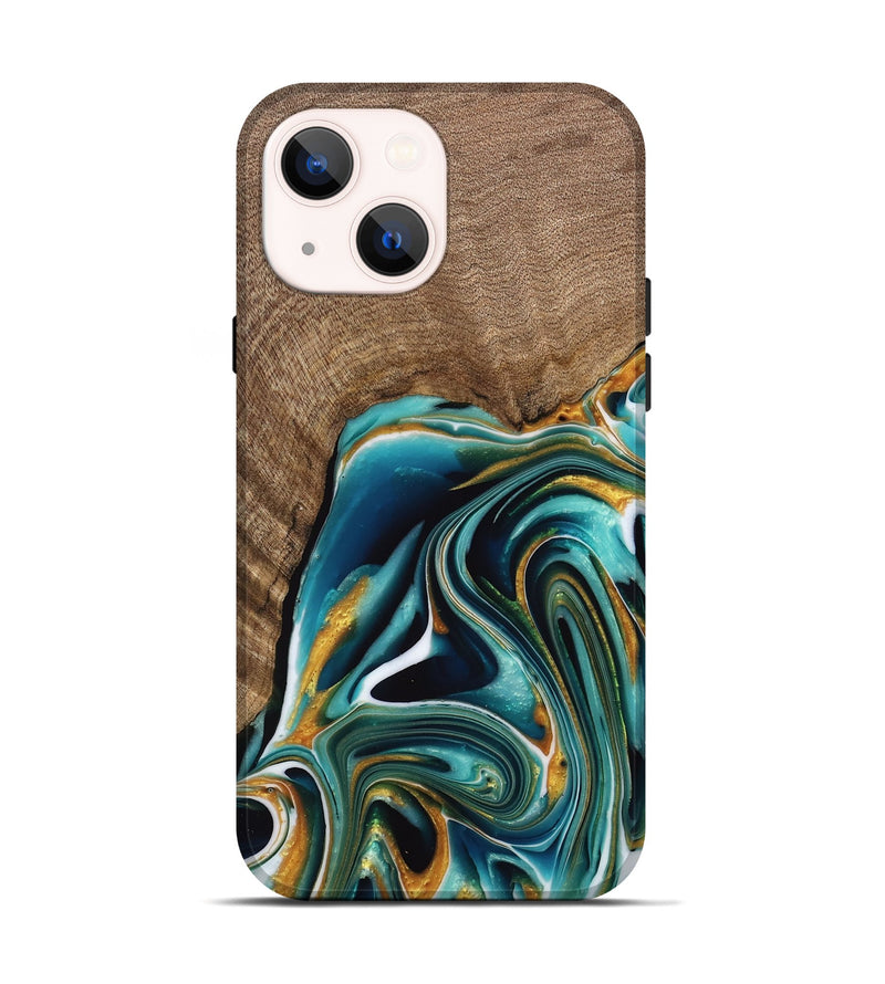 iPhone 14 Wood Live Edge Phone Case - Ferris (Teal & Gold, 741634)