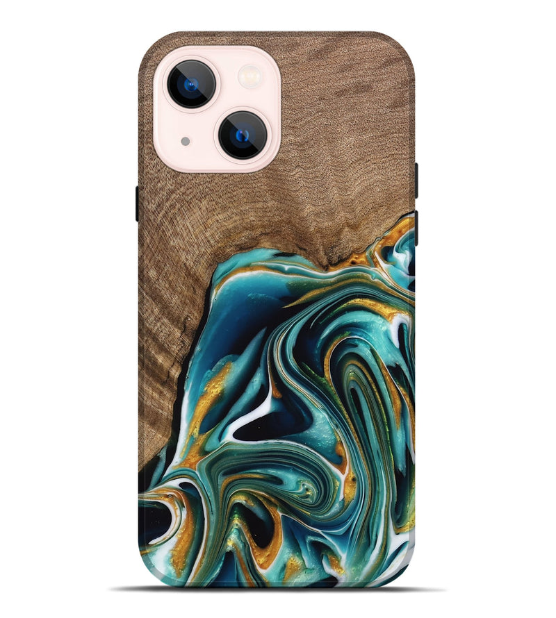 iPhone 14 Plus Wood Live Edge Phone Case - Ferris (Teal & Gold, 741634)