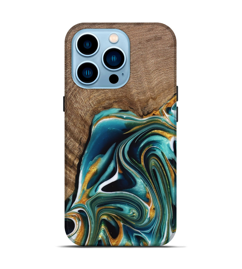 iPhone 14 Pro Wood Live Edge Phone Case - Ferris (Teal & Gold, 741634)