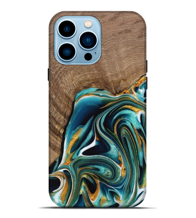 iPhone 14 Pro Max Wood Live Edge Phone Case - Ferris (Teal & Gold, 741634)