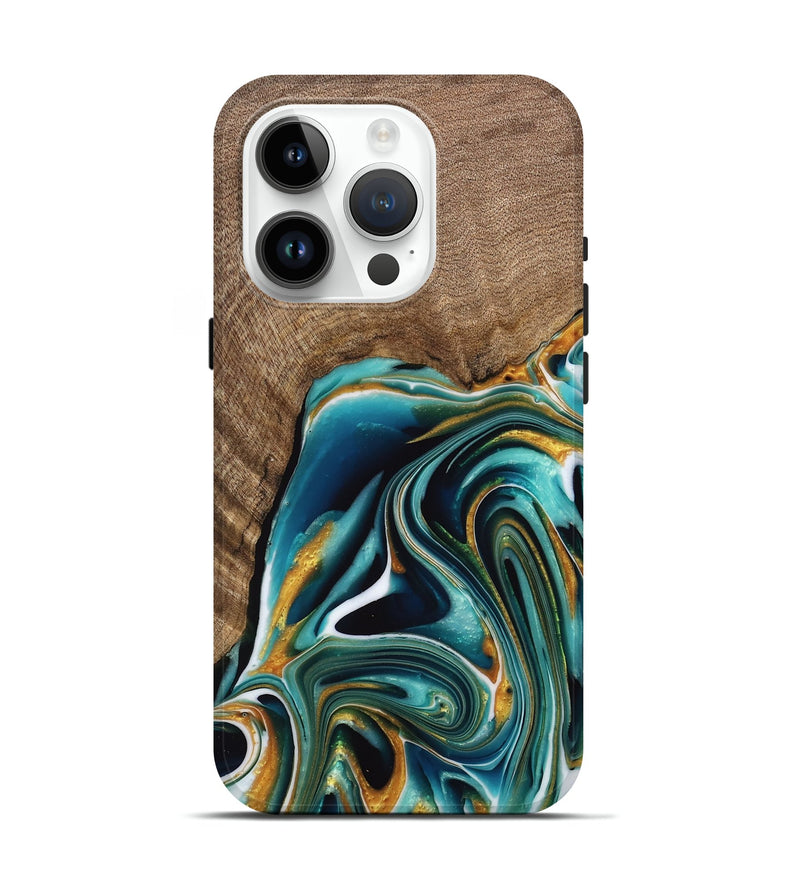 iPhone 15 Pro Wood Live Edge Phone Case - Ferris (Teal & Gold, 741634)