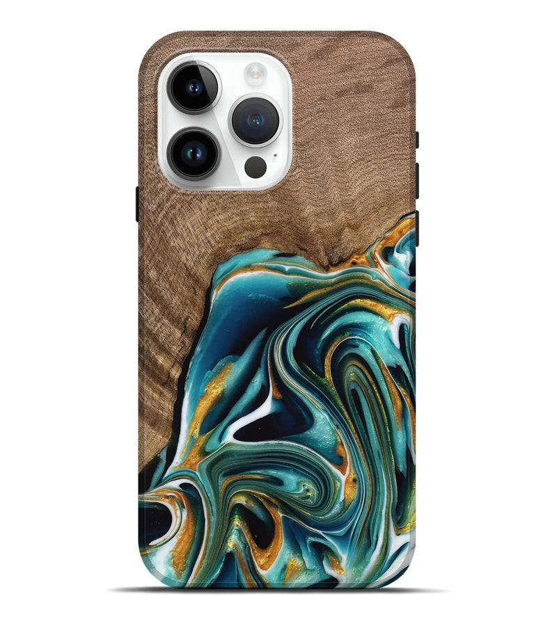 iPhone 15 Pro Max Wood Live Edge Phone Case - Ferris (Teal & Gold, 741634)