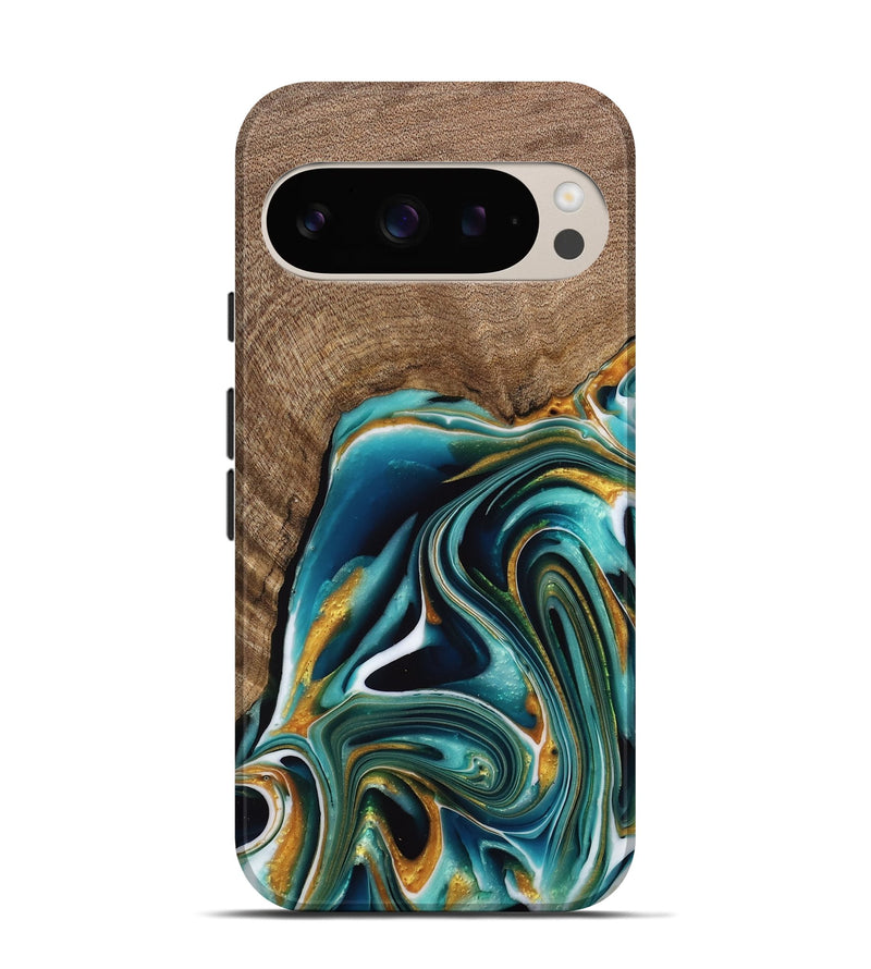 Pixel 9 Pro Wood Live Edge Phone Case - Ferris (Teal & Gold, 741634)