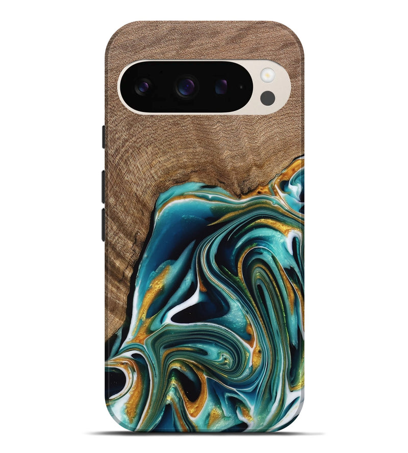 Pixel 9 Pro XL Wood Live Edge Phone Case - Ferris (Teal & Gold, 741634)