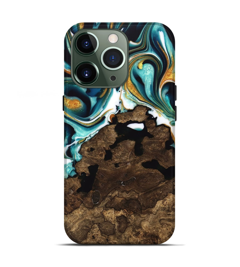 iPhone 13 Pro Wood Live Edge Phone Case - Liuka (Teal & Gold, 741635)