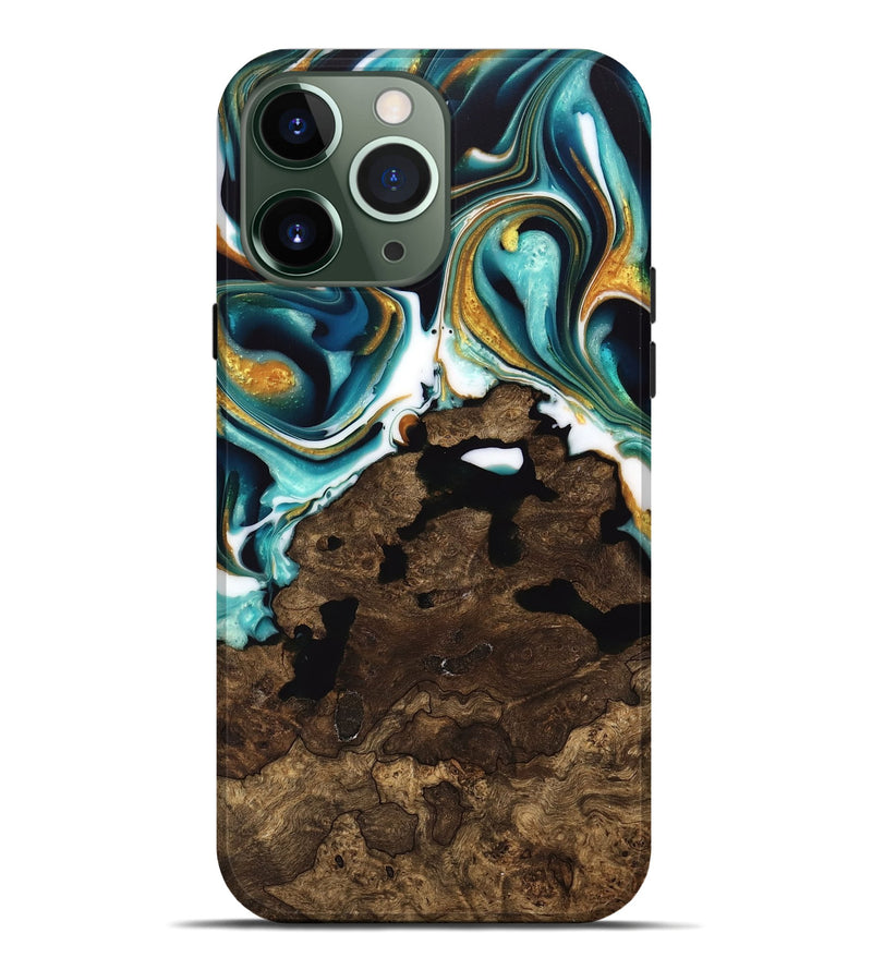 iPhone 13 Pro Max Wood Live Edge Phone Case - Liuka (Teal & Gold, 741635)