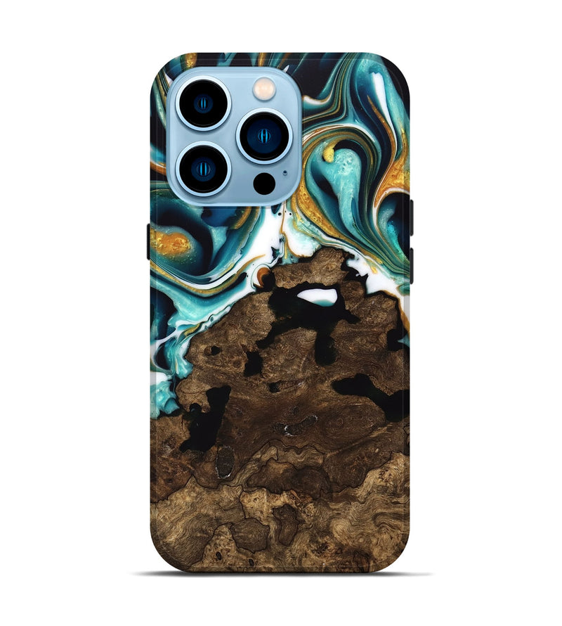 iPhone 14 Pro Wood Live Edge Phone Case - Liuka (Teal & Gold, 741635)