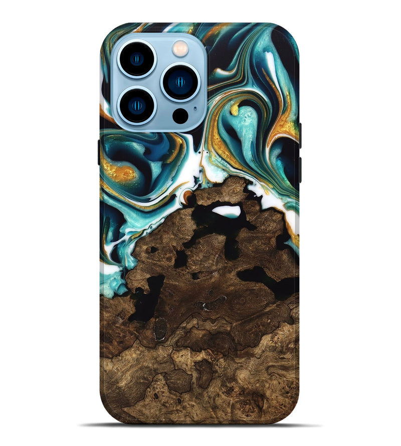 iPhone 14 Pro Max Wood Live Edge Phone Case - Liuka (Teal & Gold, 741635)