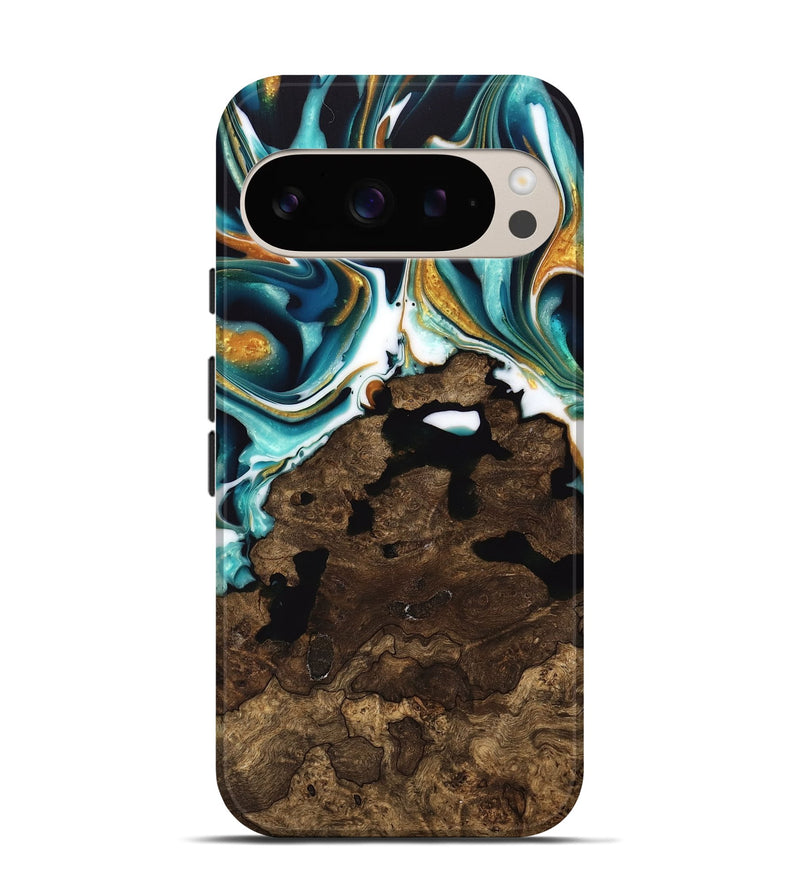 Pixel 9 Pro Wood Live Edge Phone Case - Liuka (Teal & Gold, 741635)