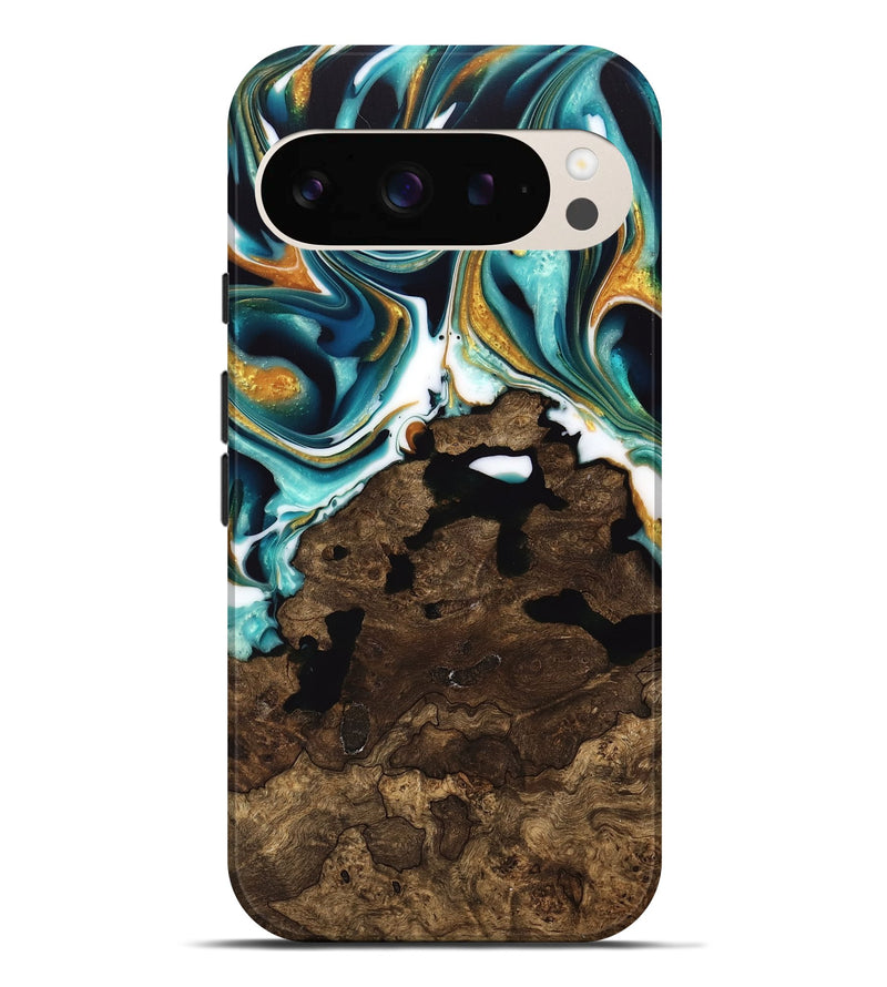 Pixel 9 Pro XL Wood Live Edge Phone Case - Liuka (Teal & Gold, 741635)