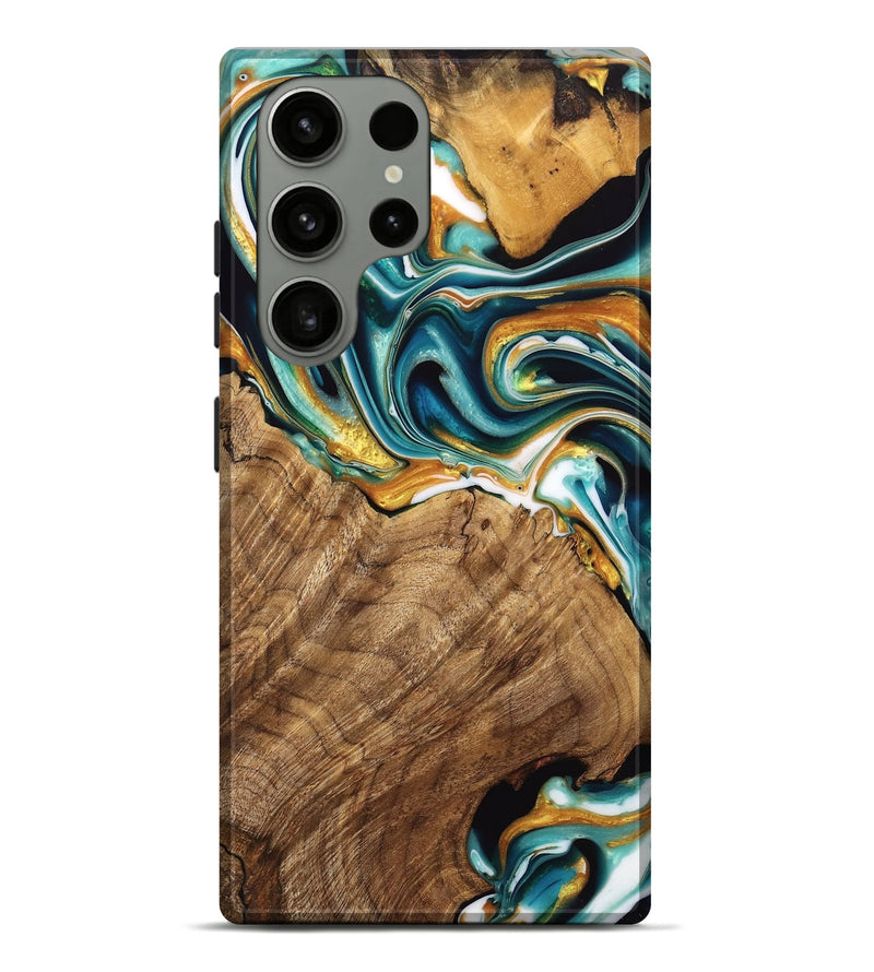 Galaxy S23 Ultra Wood Live Edge Phone Case - Adan (Teal & Gold, 741636)