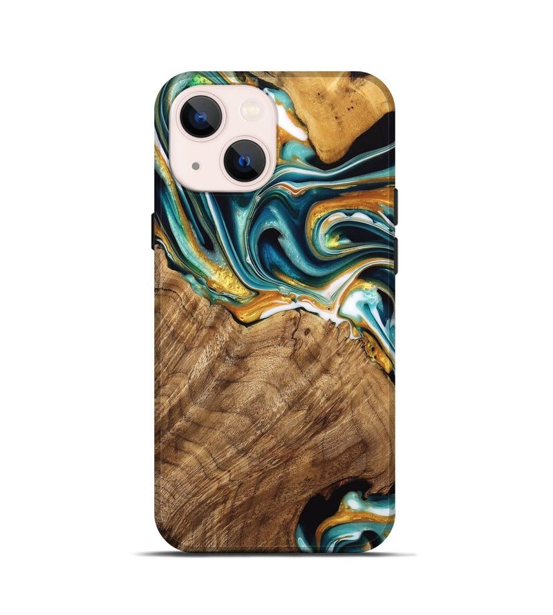 iPhone 13 mini Wood Live Edge Phone Case - Adan (Teal & Gold, 741636)