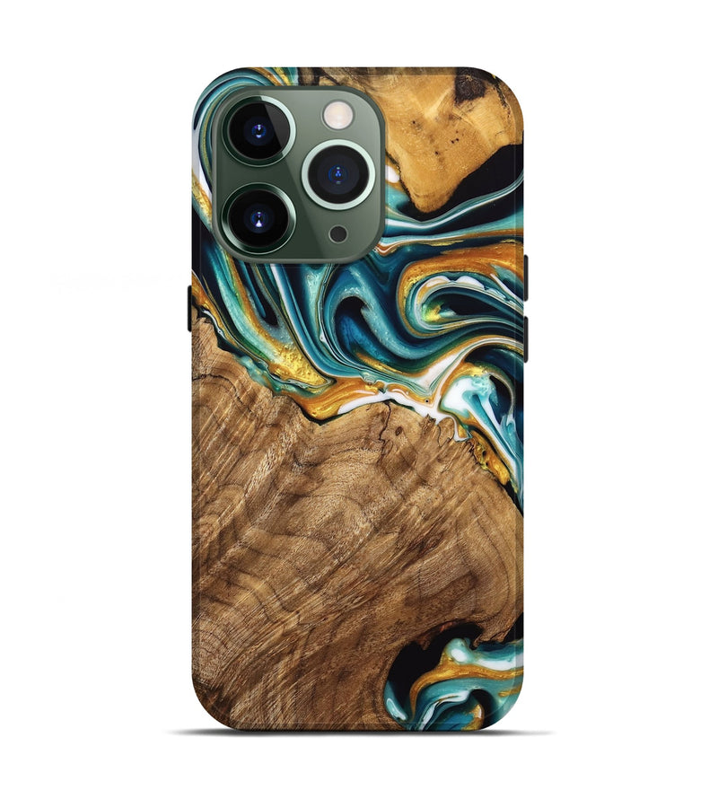 iPhone 13 Pro Wood Live Edge Phone Case - Adan (Teal & Gold, 741636)