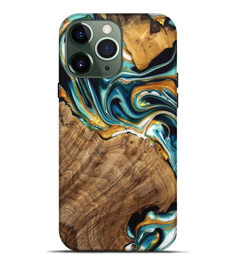 iPhone 13 Pro Max Wood Live Edge Phone Case - Adan (Teal & Gold, 741636)