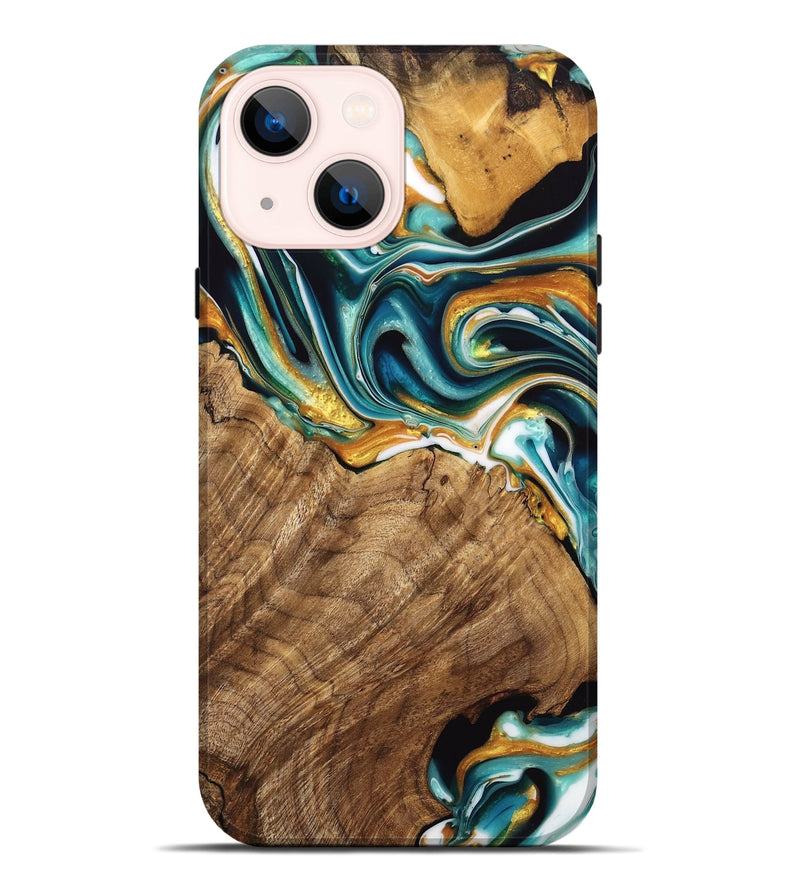 iPhone 14 Plus Wood Live Edge Phone Case - Adan (Teal & Gold, 741636)