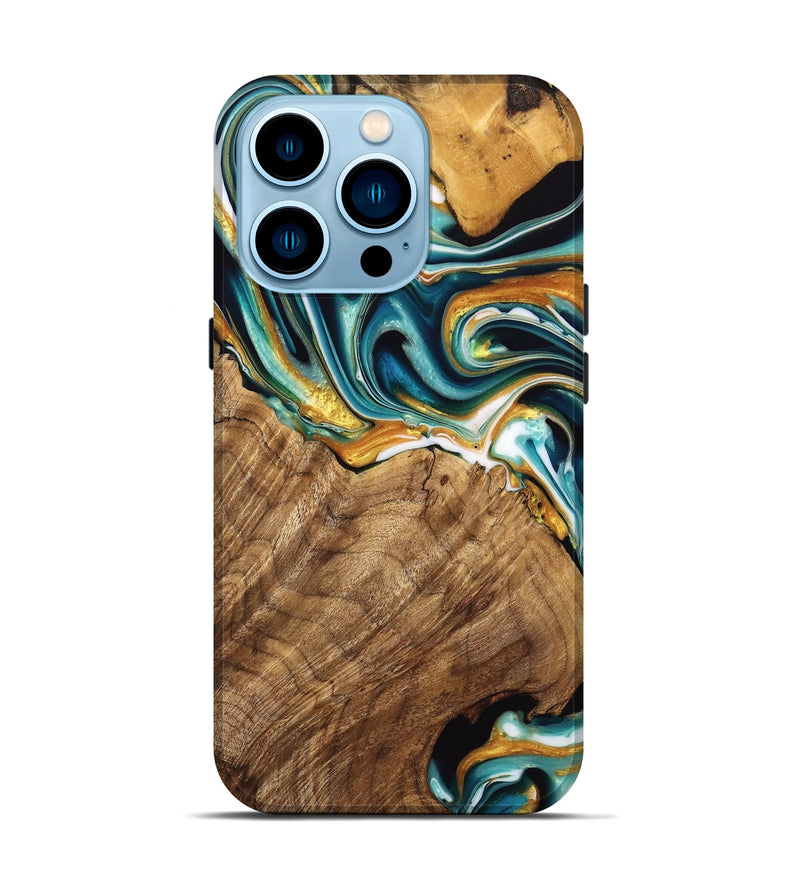 iPhone 14 Pro Wood Live Edge Phone Case - Adan (Teal & Gold, 741636)