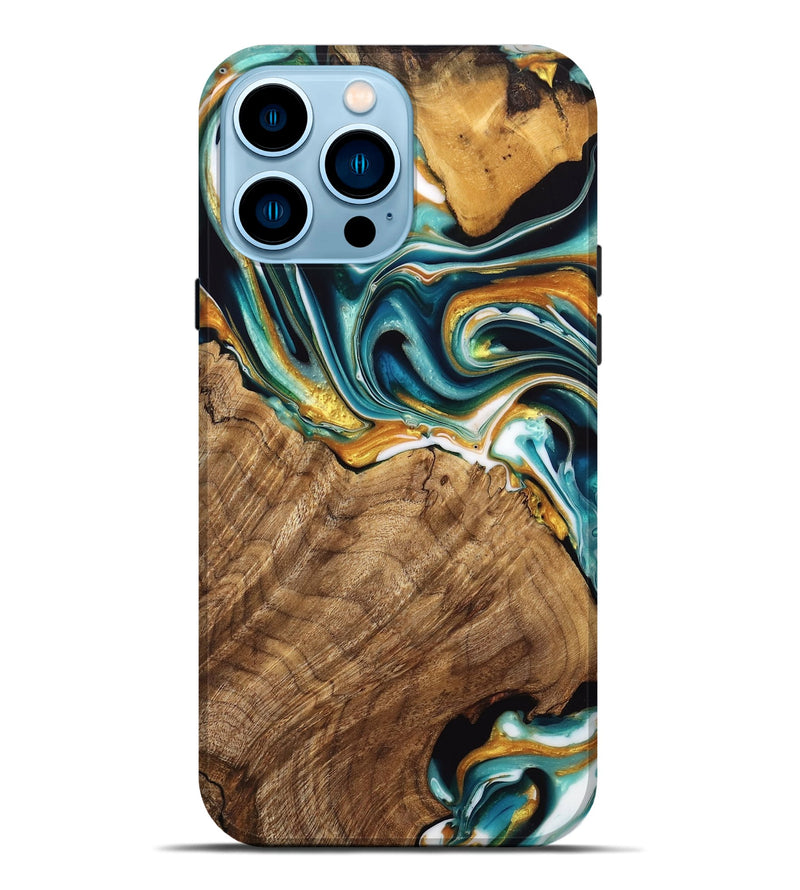 iPhone 14 Pro Max Wood Live Edge Phone Case - Adan (Teal & Gold, 741636)