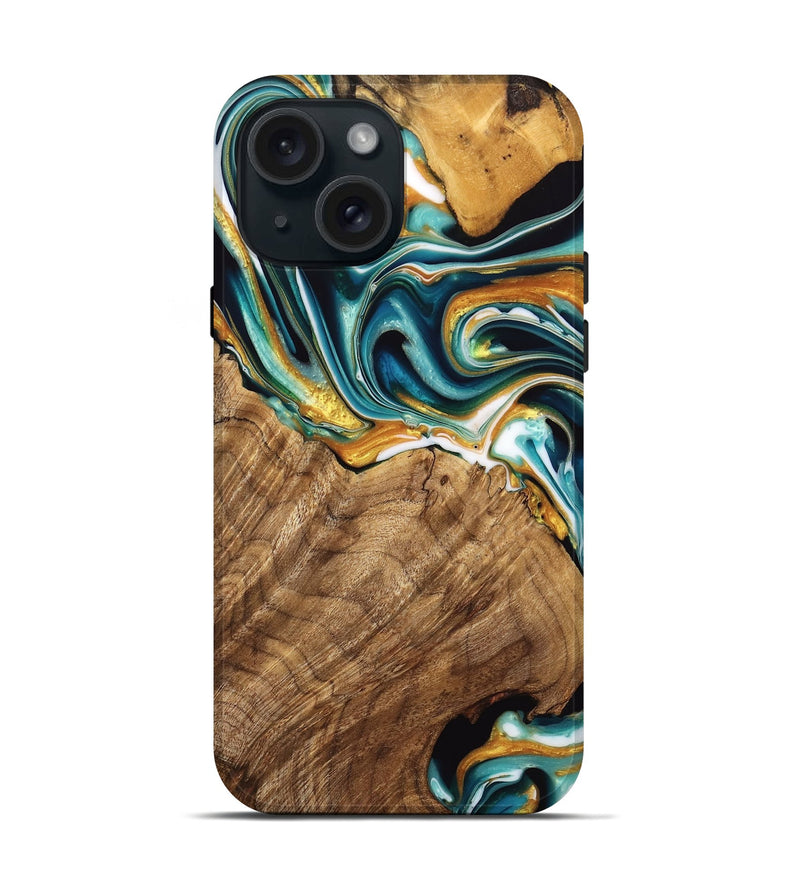 iPhone 15 Wood Live Edge Phone Case - Adan (Teal & Gold, 741636)