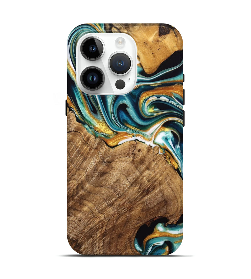 iPhone 15 Pro Wood Live Edge Phone Case - Adan (Teal & Gold, 741636)