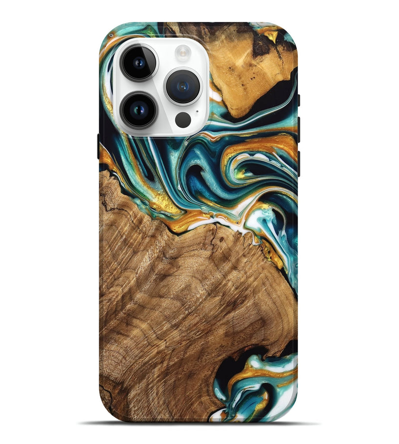 iPhone 15 Pro Max Wood Live Edge Phone Case - Adan (Teal & Gold, 741636)