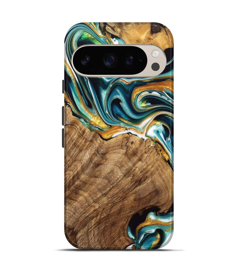 Pixel 9 Pro Wood Live Edge Phone Case - Adan (Teal & Gold, 741636)