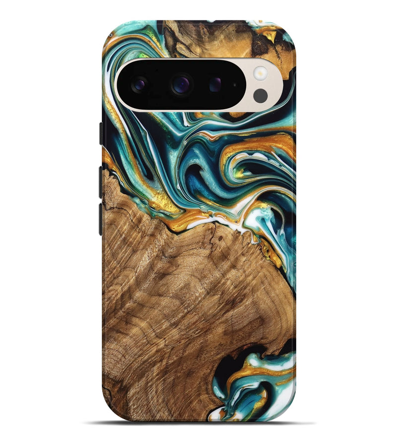 Pixel 9 Pro XL Wood Live Edge Phone Case - Adan (Teal & Gold, 741636)