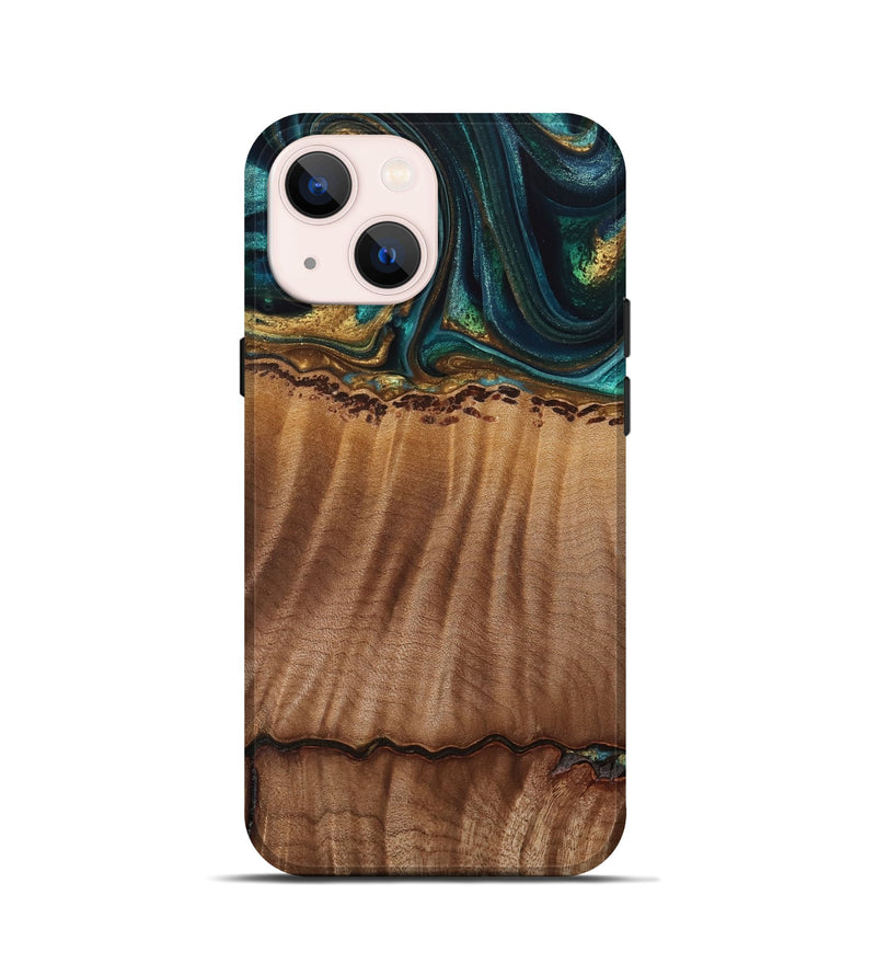 iPhone 13 mini Wood Live Edge Phone Case - Bernete (Teal & Gold, 741637)