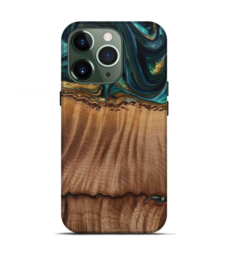 iPhone 13 Pro Wood Live Edge Phone Case - Bernete (Teal & Gold, 741637)