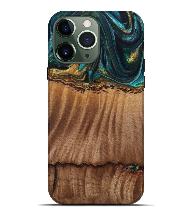 iPhone 13 Pro Max Wood Live Edge Phone Case - Bernete (Teal & Gold, 741637)