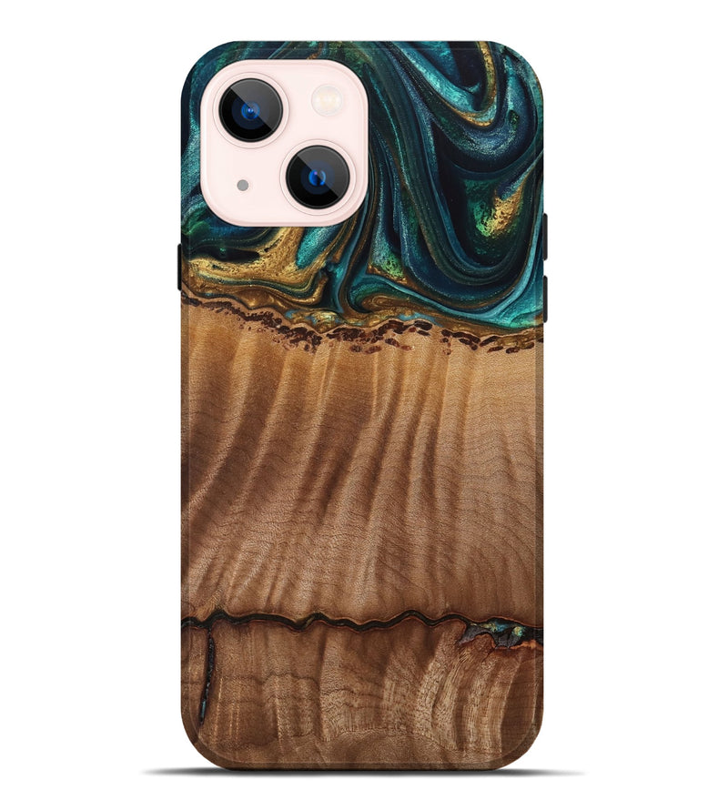 iPhone 14 Plus Wood Live Edge Phone Case - Bernete (Teal & Gold, 741637)