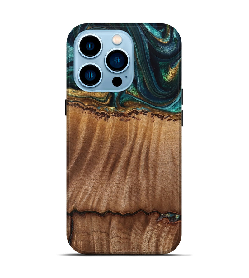 iPhone 14 Pro Wood Live Edge Phone Case - Bernete (Teal & Gold, 741637)