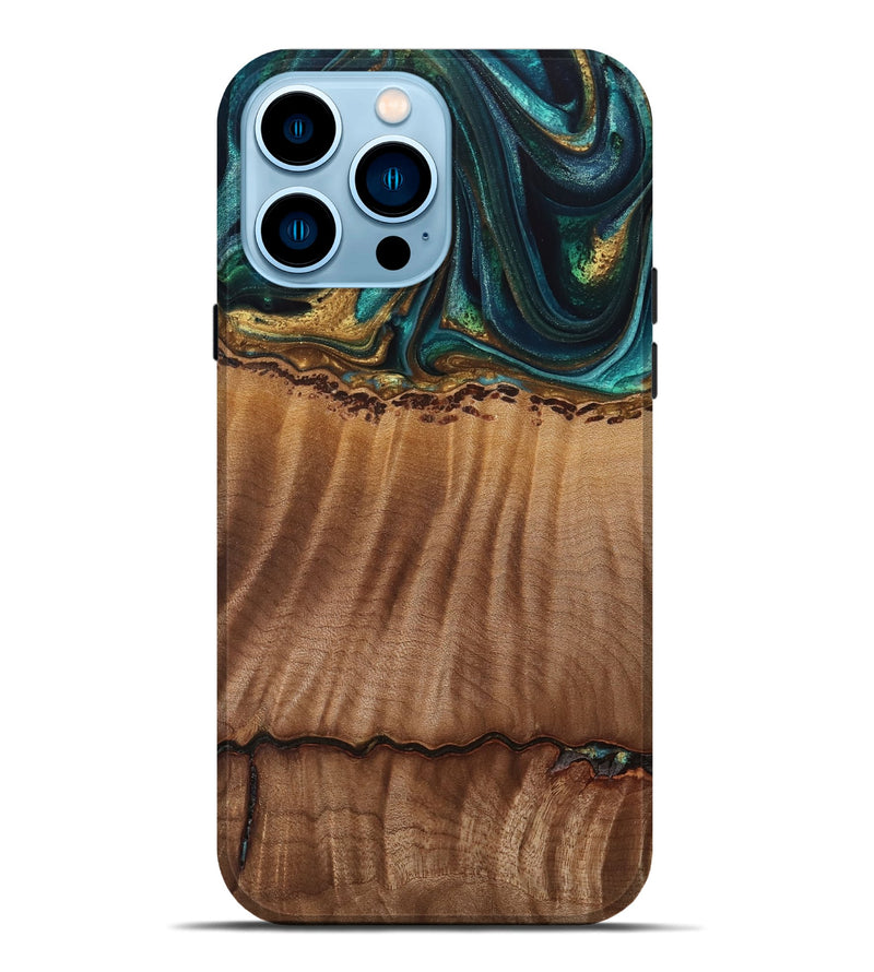 iPhone 14 Pro Max Wood Live Edge Phone Case - Bernete (Teal & Gold, 741637)