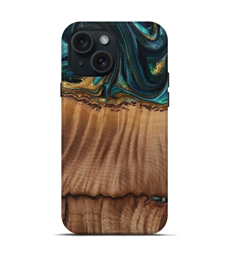 iPhone 15 Wood Live Edge Phone Case - Bernete (Teal & Gold, 741637)