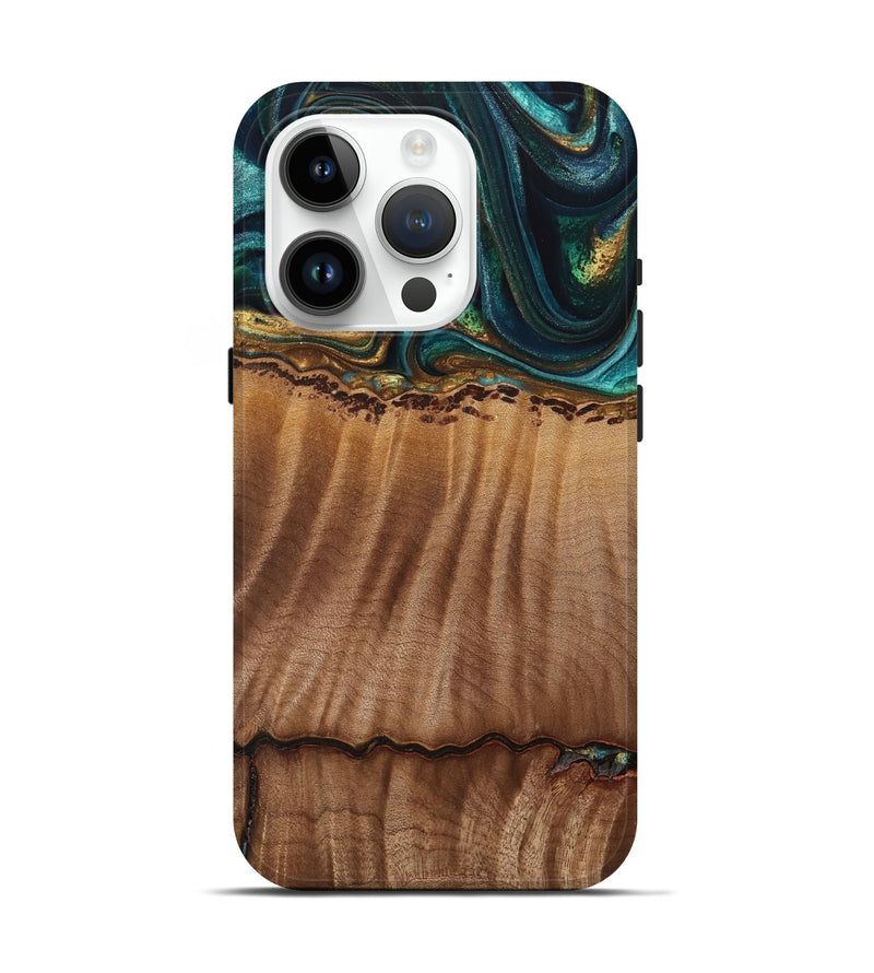 iPhone 15 Pro Wood Live Edge Phone Case - Bernete (Teal & Gold, 741637)