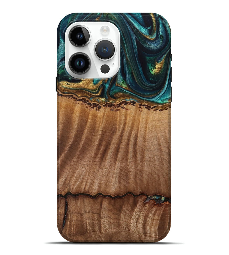 iPhone 15 Pro Max Wood Live Edge Phone Case - Bernete (Teal & Gold, 741637)