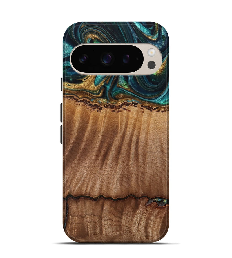 Pixel 9 Pro Wood Live Edge Phone Case - Bernete (Teal & Gold, 741637)