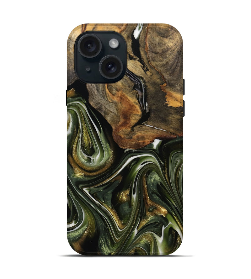 iPhone 15 Wood Live Edge Phone Case - Kung (Green, 741928)