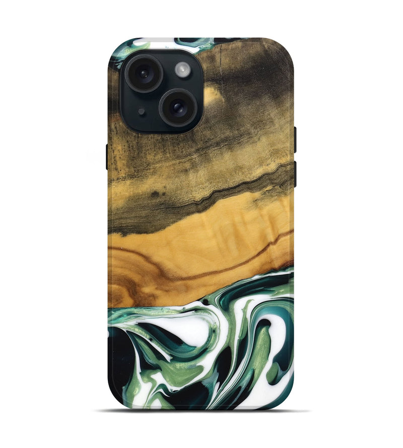 iPhone 15 Wood Live Edge Phone Case - Orange (Green, 741939)