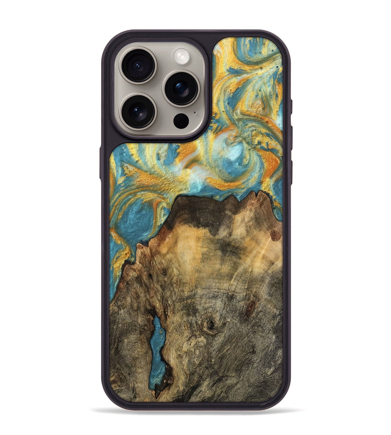 iPhone 15 Pro Max Wood Phone Case - Elvin (Teal & Gold, 742187)