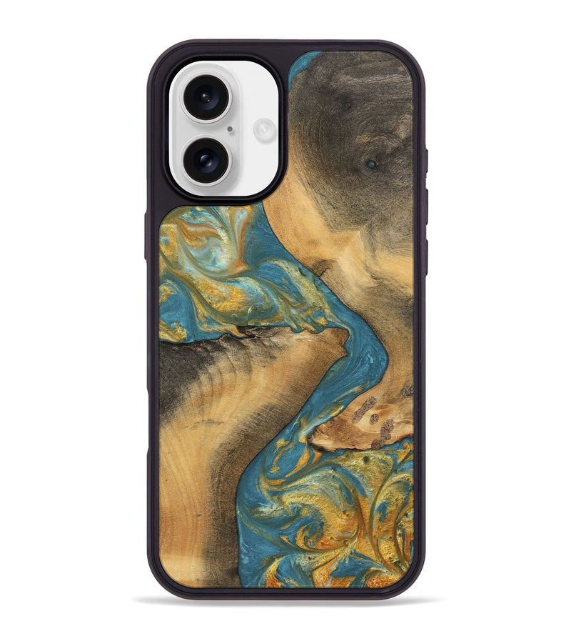 iPhone 16 Plus Wood Phone Case - Trude (Teal & Gold, 742199)