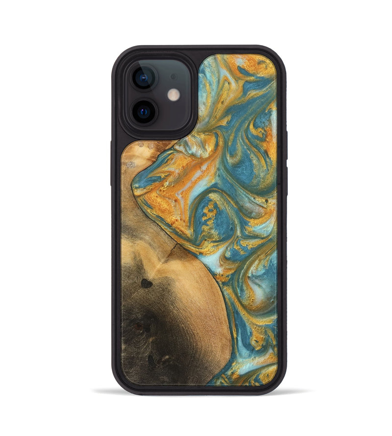 iPhone 12 Wood Phone Case - Alzina (Teal & Gold, 742206)