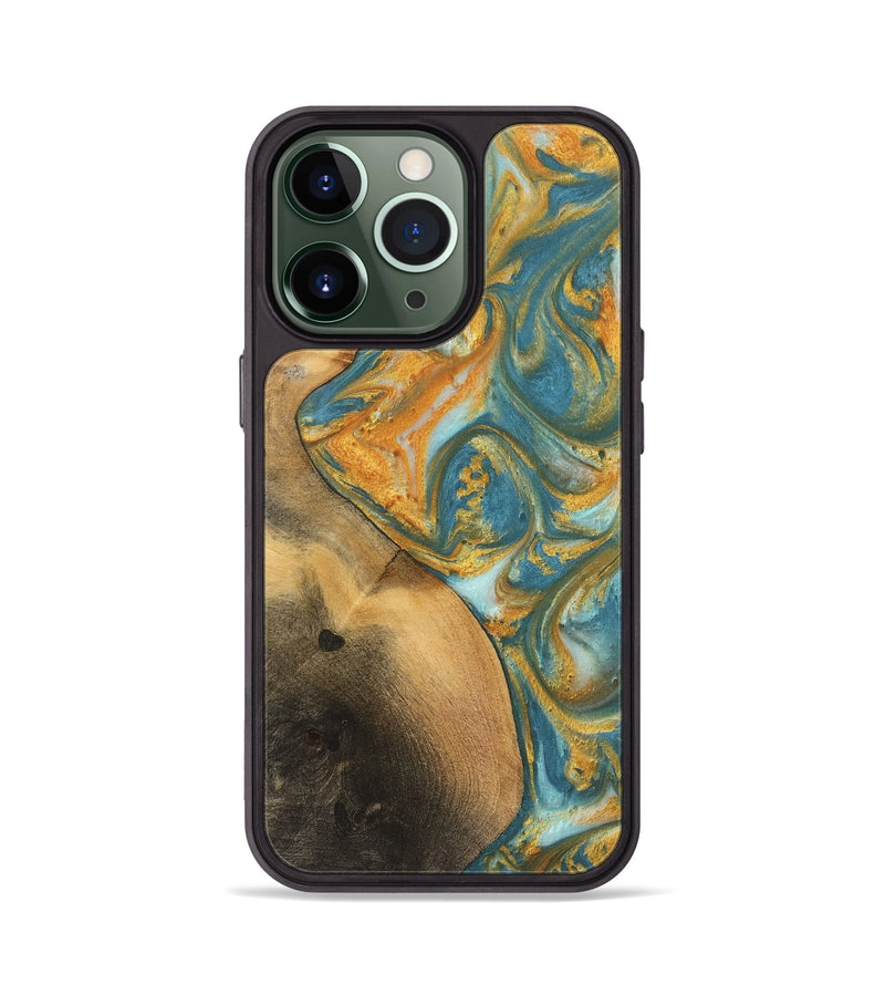 iPhone 13 Pro Wood Phone Case - Alzina (Teal & Gold, 742206)