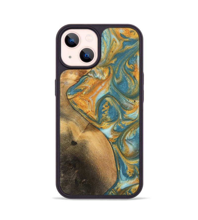 iPhone 14 Wood Phone Case - Alzina (Teal & Gold, 742206)