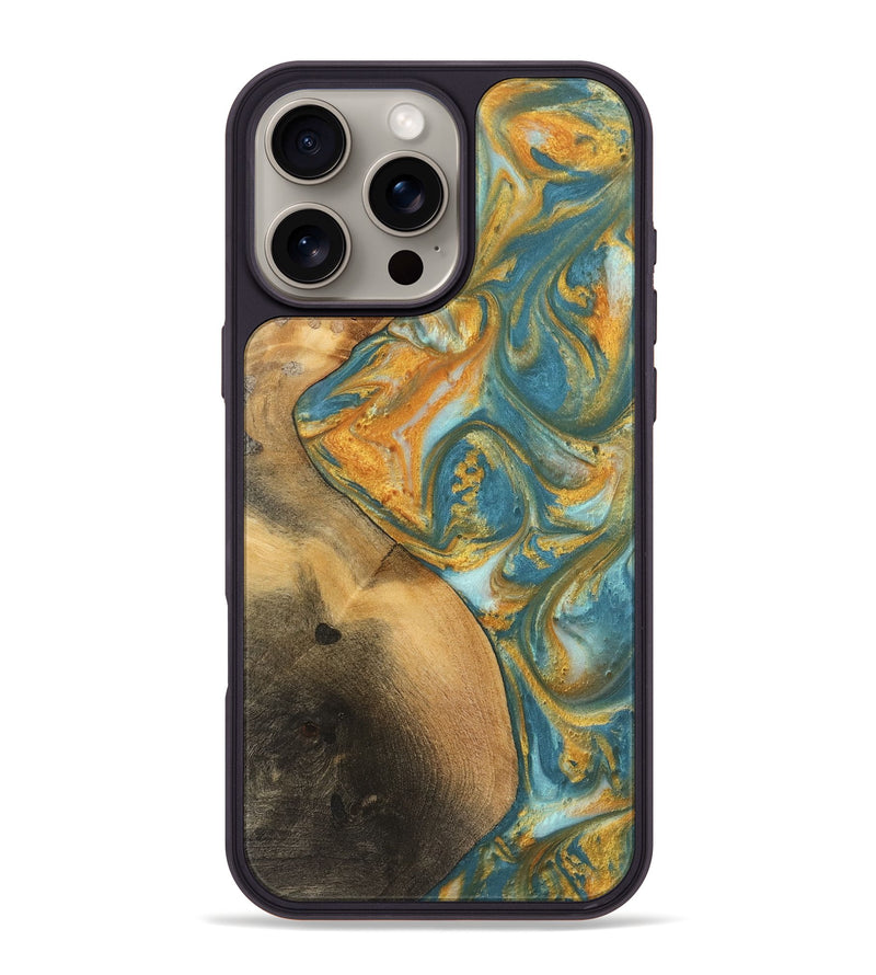 iPhone 16 Pro Max Wood Phone Case - Alzina (Teal & Gold, 742206)