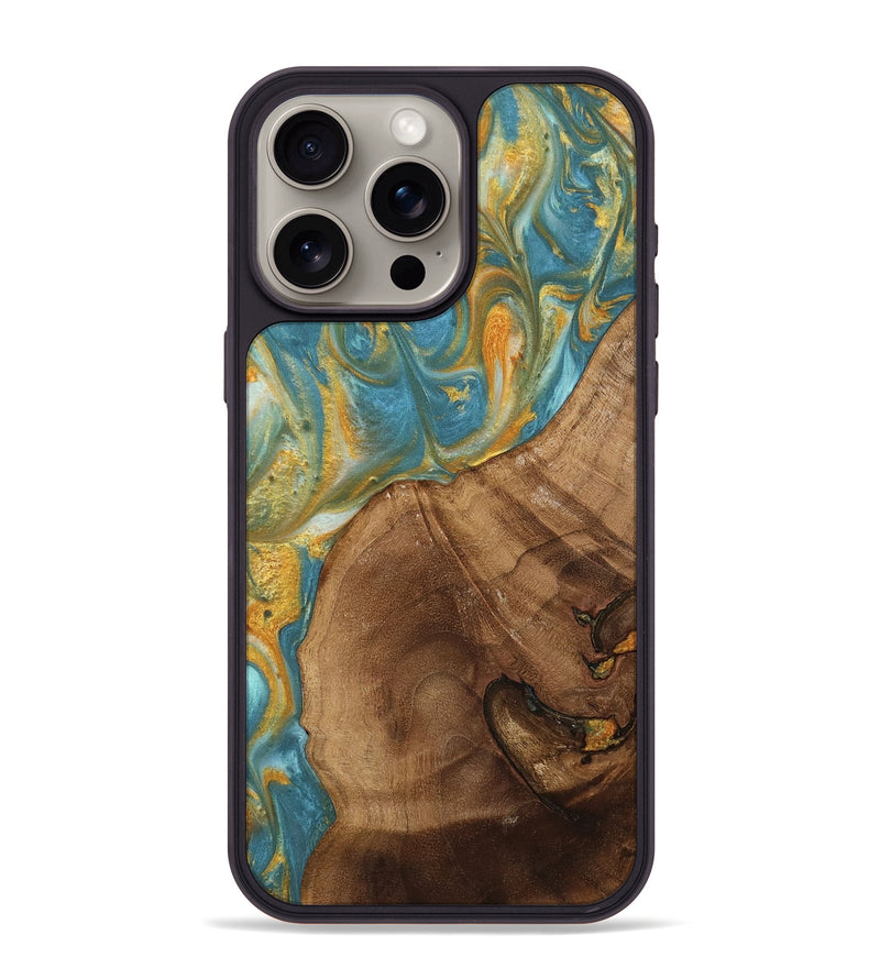 iPhone 15 Pro Max Wood Phone Case - Merb (Teal & Gold, 742229)